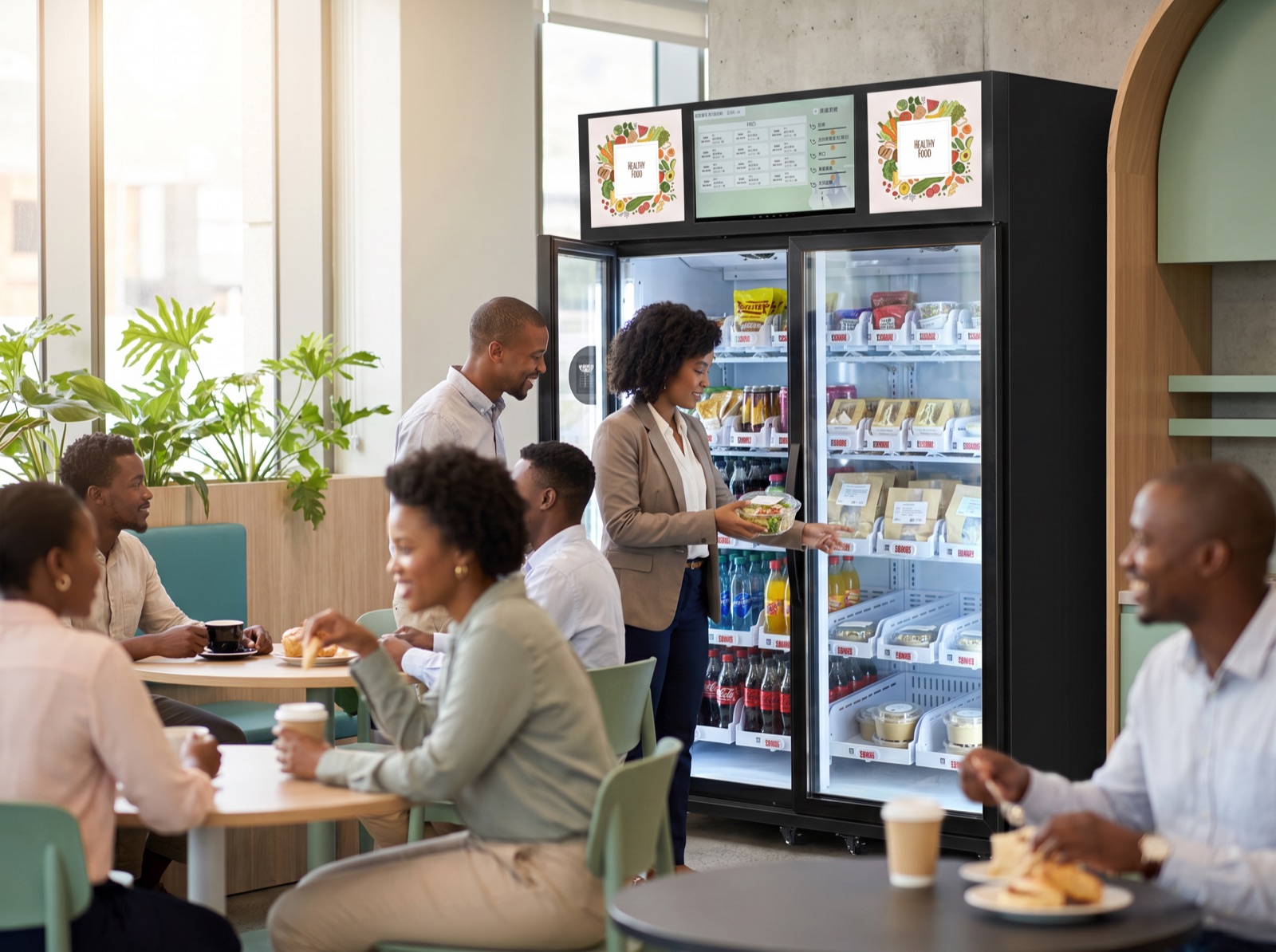 Staff in a bright office cafe at a double-door Smart Vending Fridge, one colleague taking a chilled salad pack while others sit with coffee